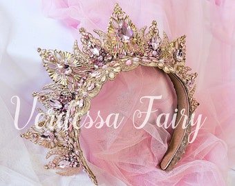 Gold and Pink Goddess headpiece. Gold and pink Sugar Plum Fairy crown. Gold filigree metal lace tiara. Gold and pink sparkly wedding crown.