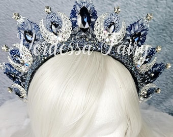 Blue Celestial Crown - Silver Moon Stars Tiara Headpiece