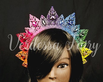 Bright Rainbow crown tiara. Metal lace filigree crown. Rainbow Queen Headpiece. Rainbow Fairy Tiara.