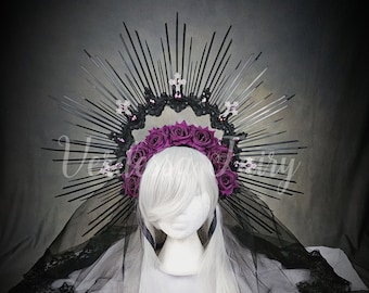 Gothic bride spiked halo crown with veil.  Magenta purple rose halo headpiece. Day of the Dead headdress. Vampire Queen headdress.