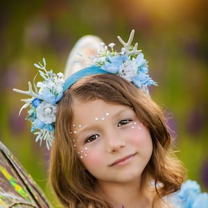Deer horns deer antler headband. Small deer horns flower crown. Woodland forest headpiece. Blue reindeer headpiece.