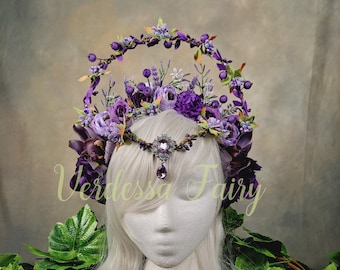 Purple fairy flower headpiece.  Purple garden halo headpiece. Floral halo headdress. Purple flower crown with elevated halo.