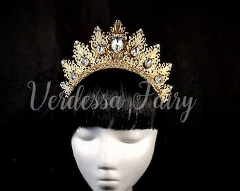 Gold Goddess Crown: Baroque Filigree Tiara with Rhinestones