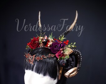 Double Horns Fantasy headdress. Ram horn headpiece with berries. Burgundy, dark purple and gold horned Love Goddess headpiece.
