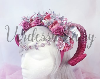 Pink horns headpiece. Ram Horns headpiece silver and candy pink, Pink fantasy headpiece, woodland fairy headpiece, rave headpiece.