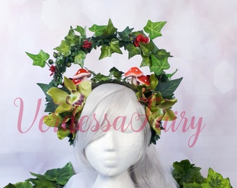 Mother Earth headpiece.  Earth Goddess halo headpiece. Forest fairy headdress. Poison Ivy headdress with elevated halo.