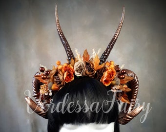 Autumn fairy/ forest nymph horns headpiece. Copper double horns fantasy headdress. Ram horn headpiece with berries.