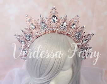 Rose Gold Princess or Queen Bridgerton inspired crown with pearls and clear rhinestones. Pink Gold filigree metal lace tiara.