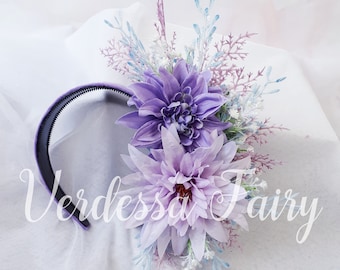 Purple and blue Dahlia flower crown fascinator. Flower headpiece. Light purple and blue headpiece for fairy cosplay and spring racing.