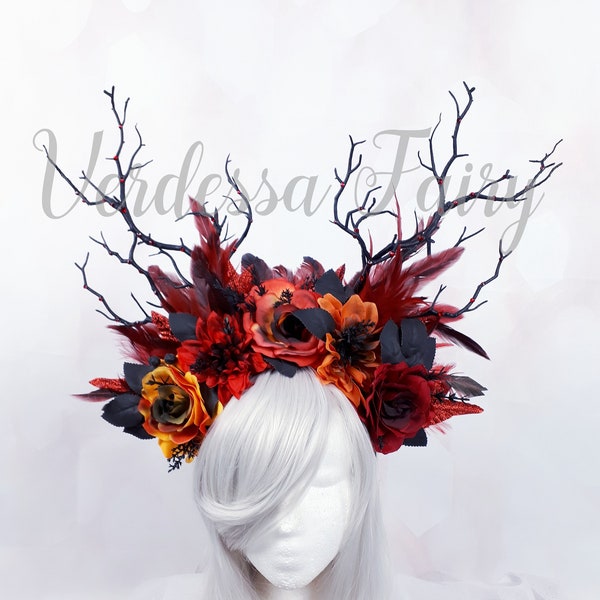 Fire Goddess Headdress, Red and black fire headpiece, Fire fairy branch headdress. Branch antler gothic headdress.