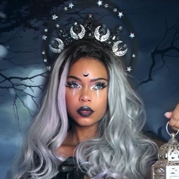 Night Sky Gothic Halo. Moon Goddess crown. Stars and moon halo. Gothic black and silver headpiece. Dark goddess headpiece.