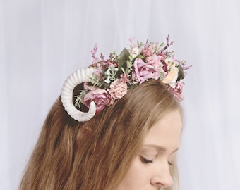 Pink horns headpiece. Mini Ram Horns headpiece vintage dusty pink. Pink fantasy headpiece, woodland fairy headpiece.