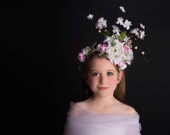 Spring blossom branch headpiece in White Lilac Purple.