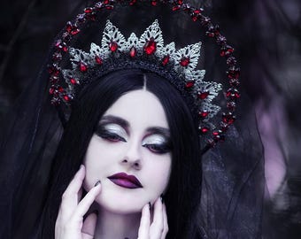 Gothic Vampire Bride Halo Crown with Red Rhinestones & Black Veil