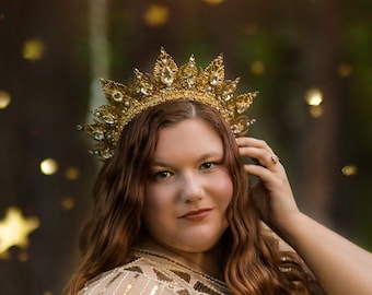 Gold and pearl Queen crown. Golden Goddess headpiece.  Gold filigree metal lace tiara.