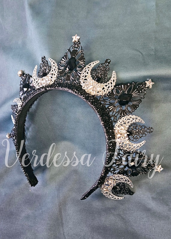 Silver Moon & Star Metal Tiara Hair Accessory Moon Goddess Crown. Stars and Moon Tiara. Gothic Black and  main image 3