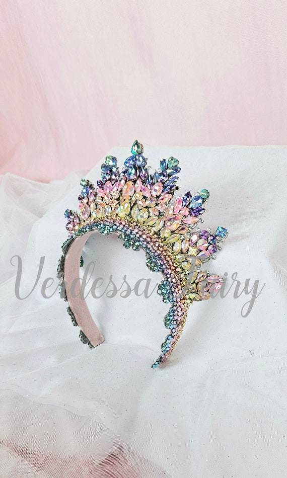 Pastel Rainbow Crown Tiara. Metal Lace Filigree Crown  display picture 3
