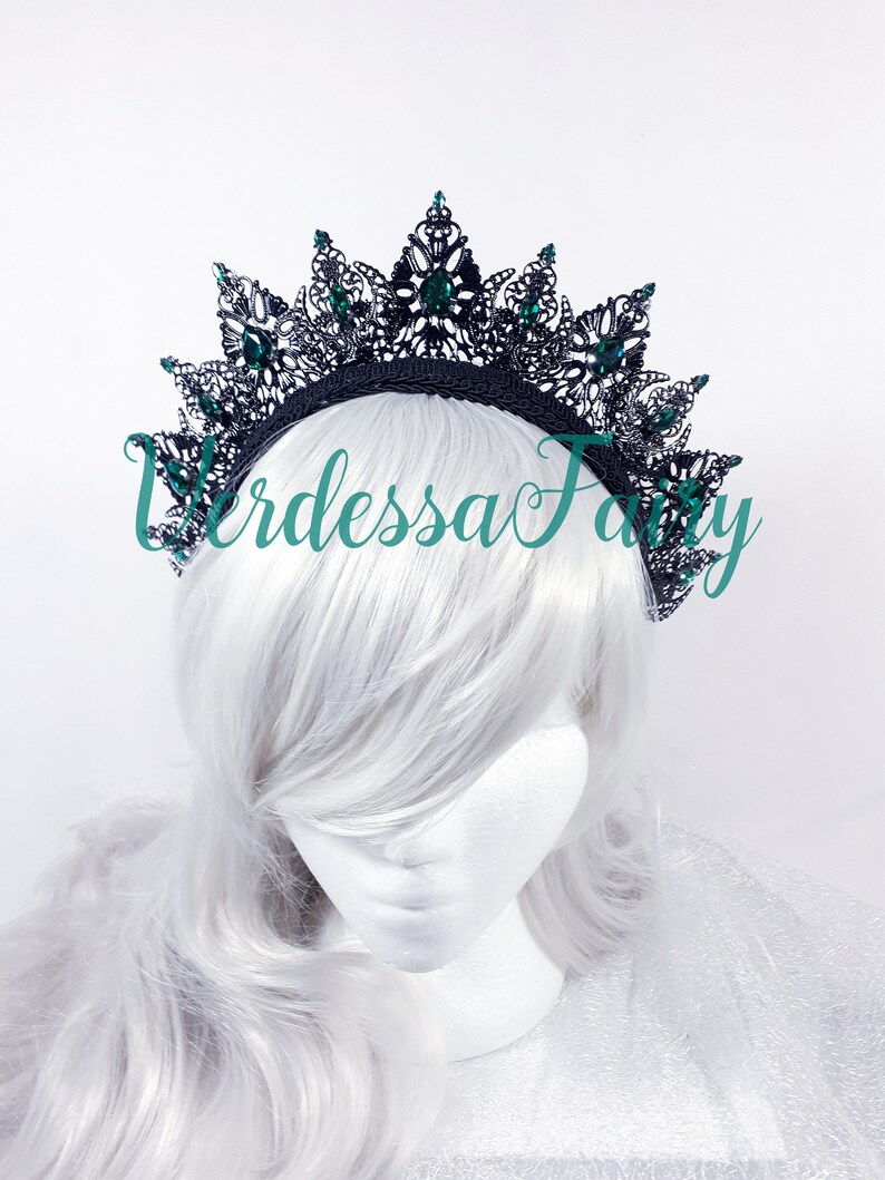 Metal lace filigree crown Jewel Queen Crown with emerald green rhinestones. Gothic Queen Halo Headpiece Black and green crown tiara