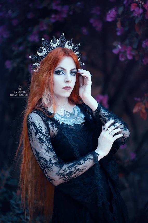 Moon Goddess Crown. Stars and Moon Tiara. Gothic Black and Silver Crown Tiara.
