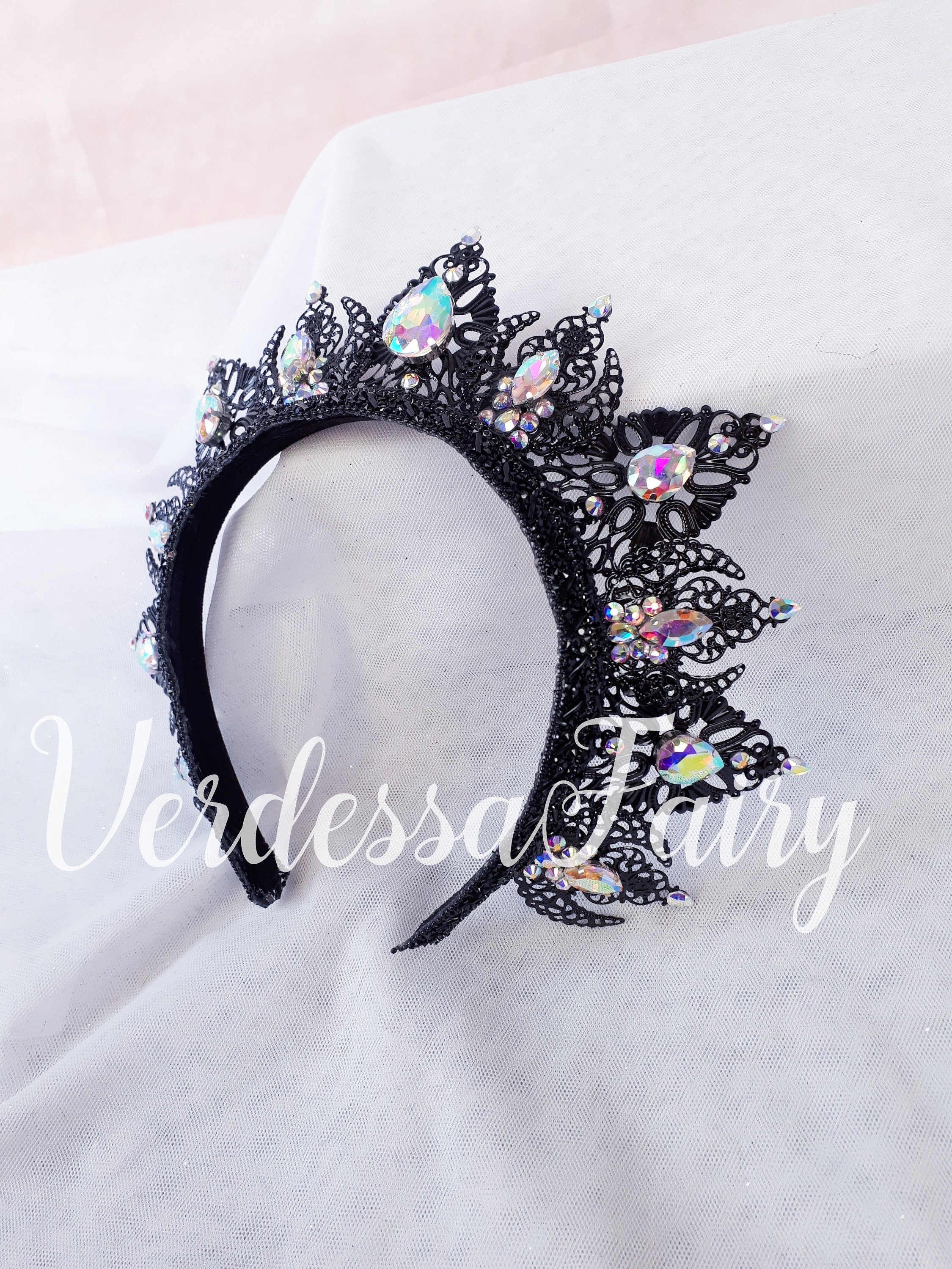 Black and AB Rainbow Crystal Crown Tiara. Metal Lace Filigree