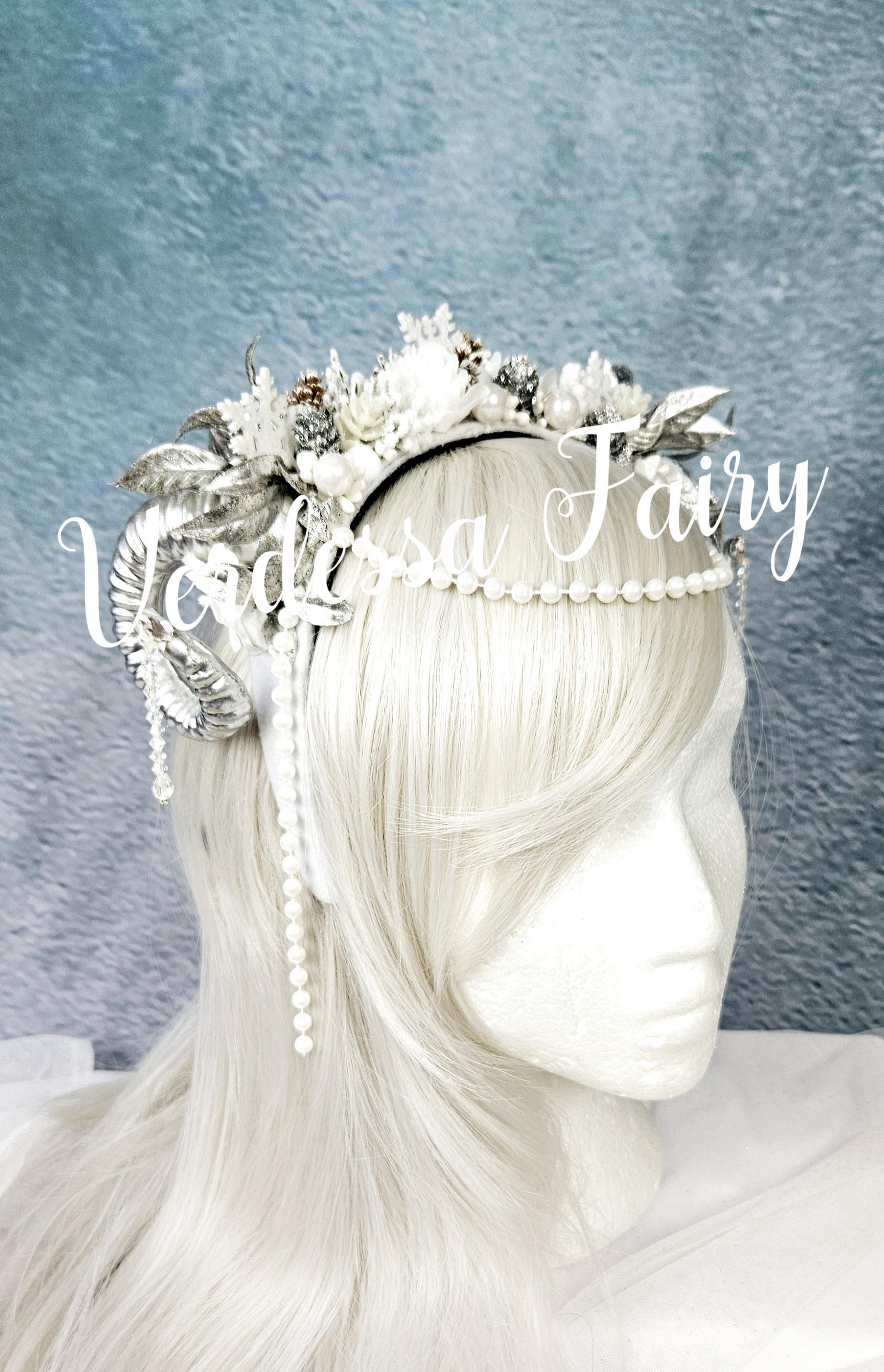 Mini Ram Horns Headpiece in White and Silver. Slver Star 