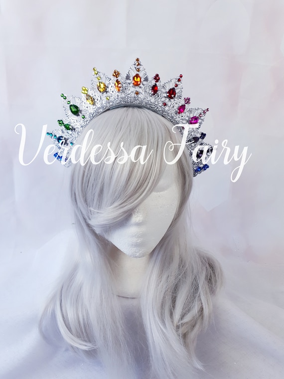 Silver and Bright Rainbow Crown Tiara. Metal Lace Filigree  display picture 2