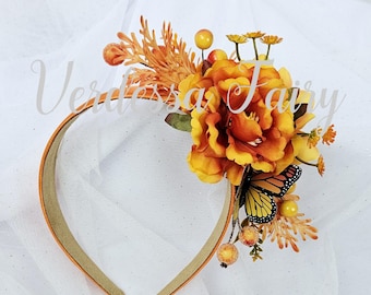 Orange flower fascinator headband.  Orange floral headpiece. Autumn fairy crown. Harmony Day headband