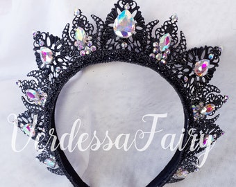 ブラックペイント　Tiara ティアラ Black and AB Rainbow Crystal Crown Tiara. Metal Lace Filigree