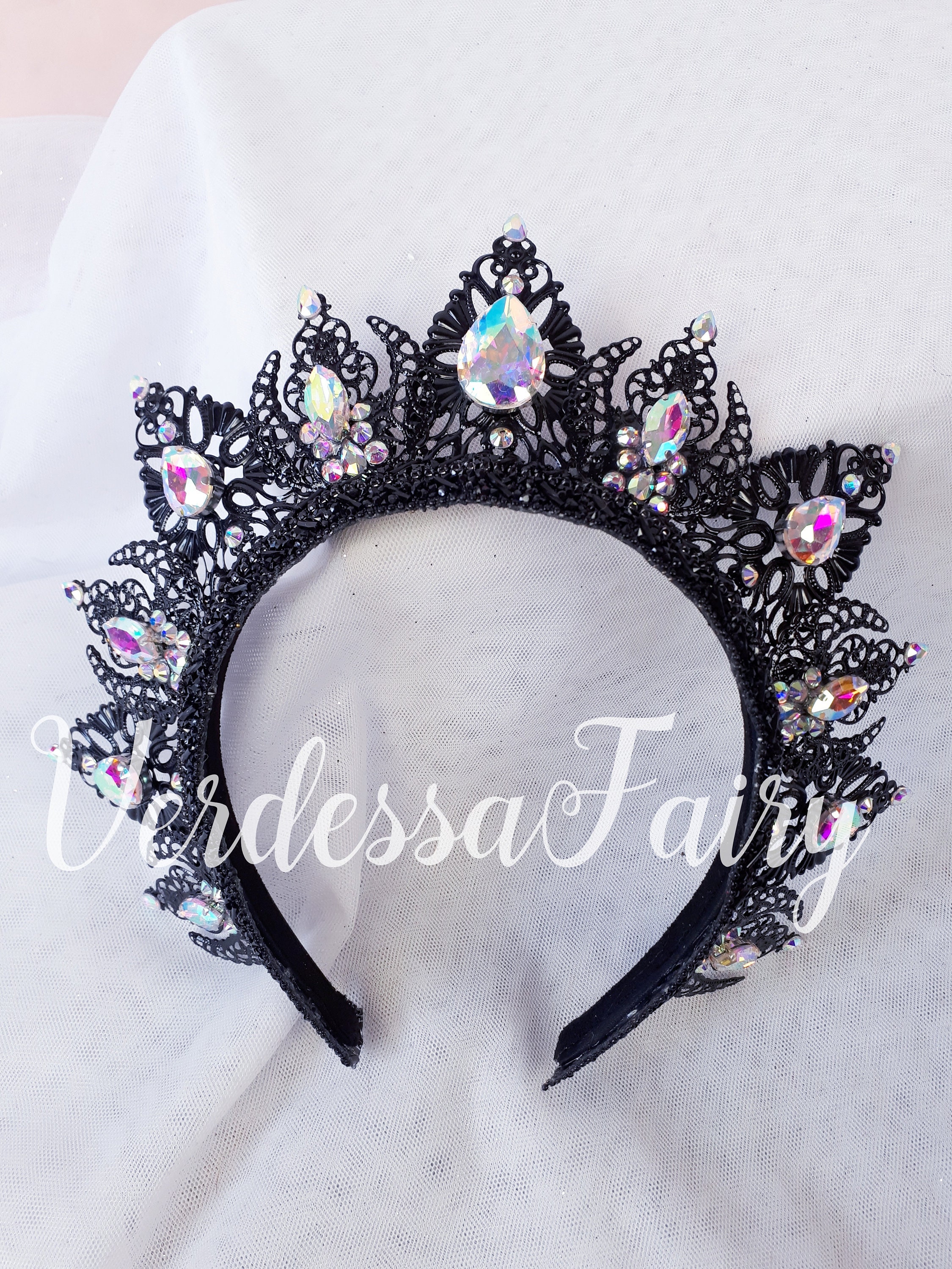Black and AB Rainbow Crystal Crown Tiara. Metal Lace Filigree