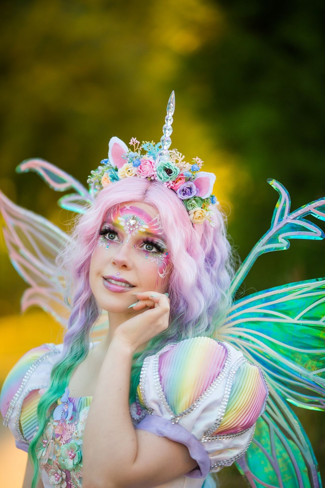 Rainbow Fairy Queen Crown for Halloween or New Years Pastel Rainbow Crystal Crown: Metal Lace Filigree Tiara  main image 2