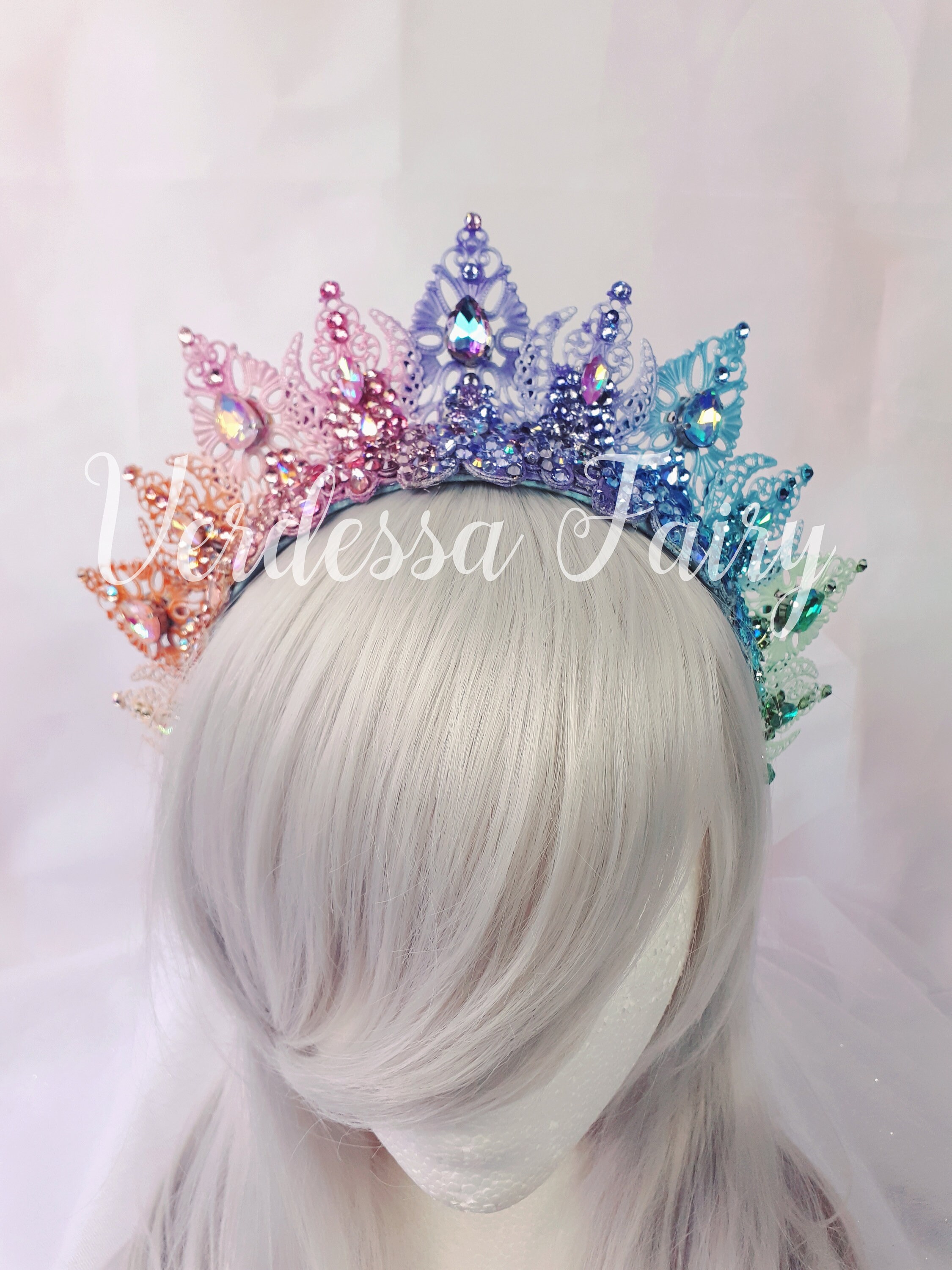 Pastel Rainbow Crown Tiara. Metal Lace Filigree Crown