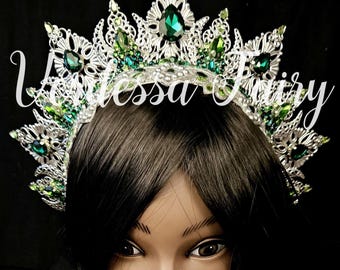 Silver Celtic Queen Crown: Emerald Green Goddess Headpiece. Christmas crown.