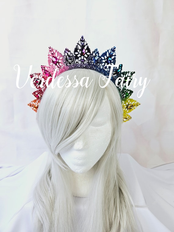 Bright Rainbow Crown Tiara. Metal Lace Filigree Crown