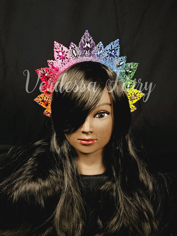 Bright Rainbow Crown Tiara. Metal Lace Filigree Crown