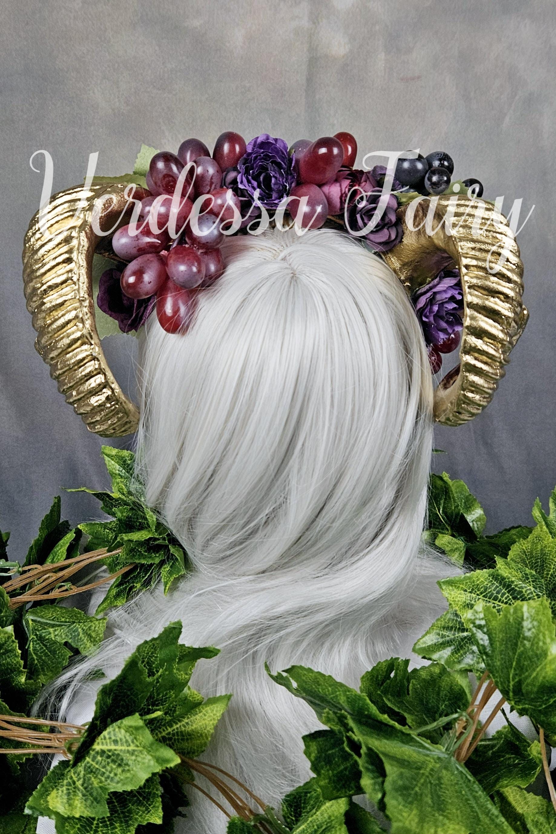 Gold Ram Horns Headdress: Dionysus Goddess Crown With Grapes 