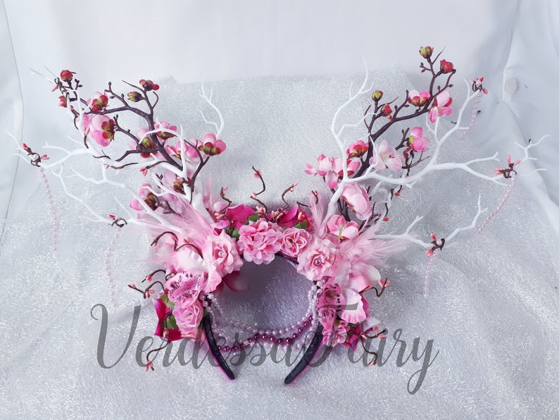 Branch antler headdress blossom headdress. White and pink branch blossom headpiece Pink fairy large flower crown with branches /& blossom