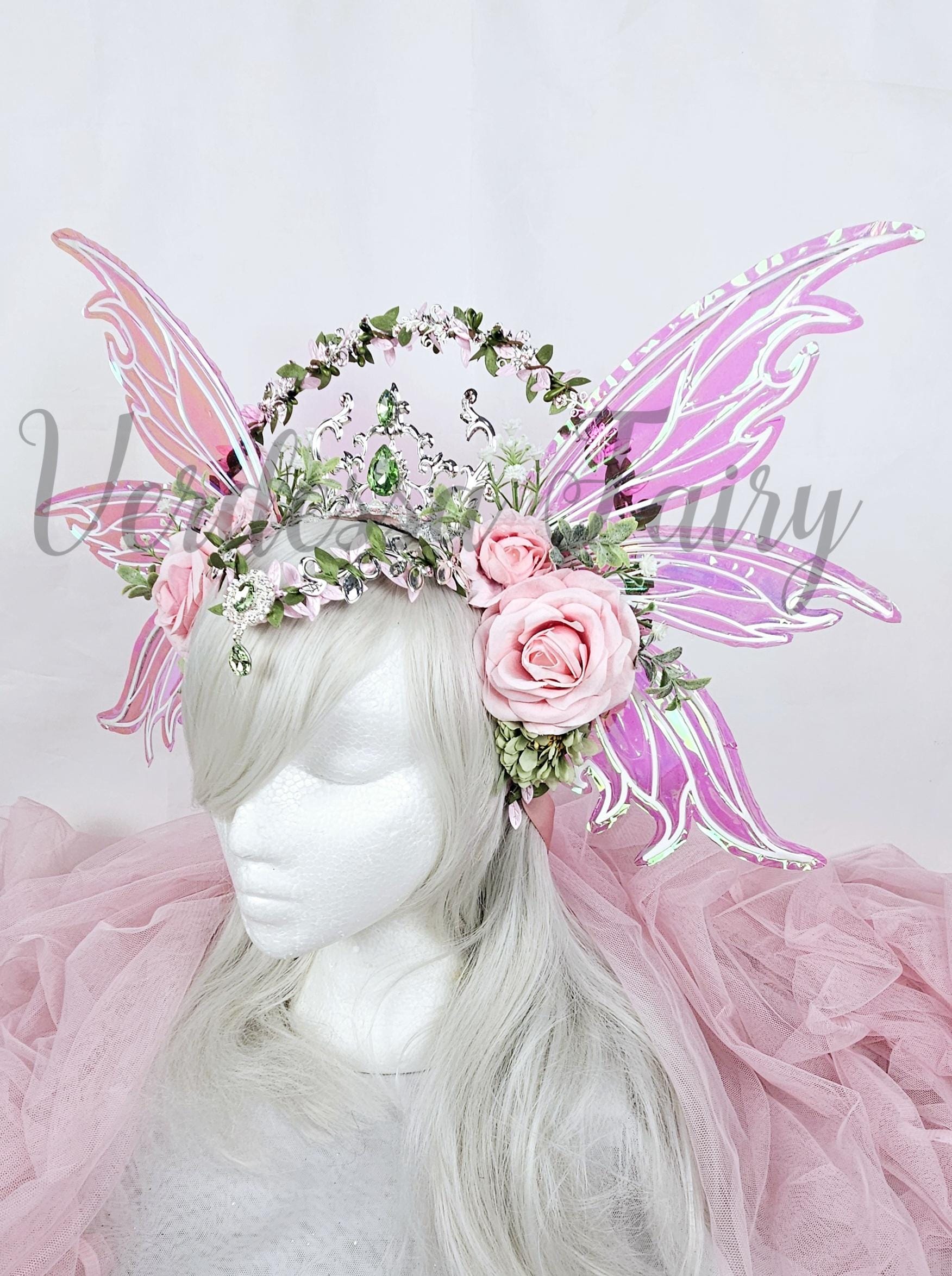 Spring Fairy Wings Headdress: Pink Rose Fairy Queen Crown  display picture 2