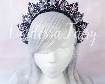 Black and AB Rainbow Crystal Crown Tiara. Metal Lace