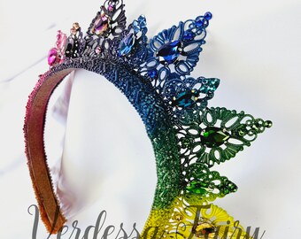 ✧tiara✧ Bright Rainbow Crown Tiara. Metal Lace Filigree Crown. Rainbow