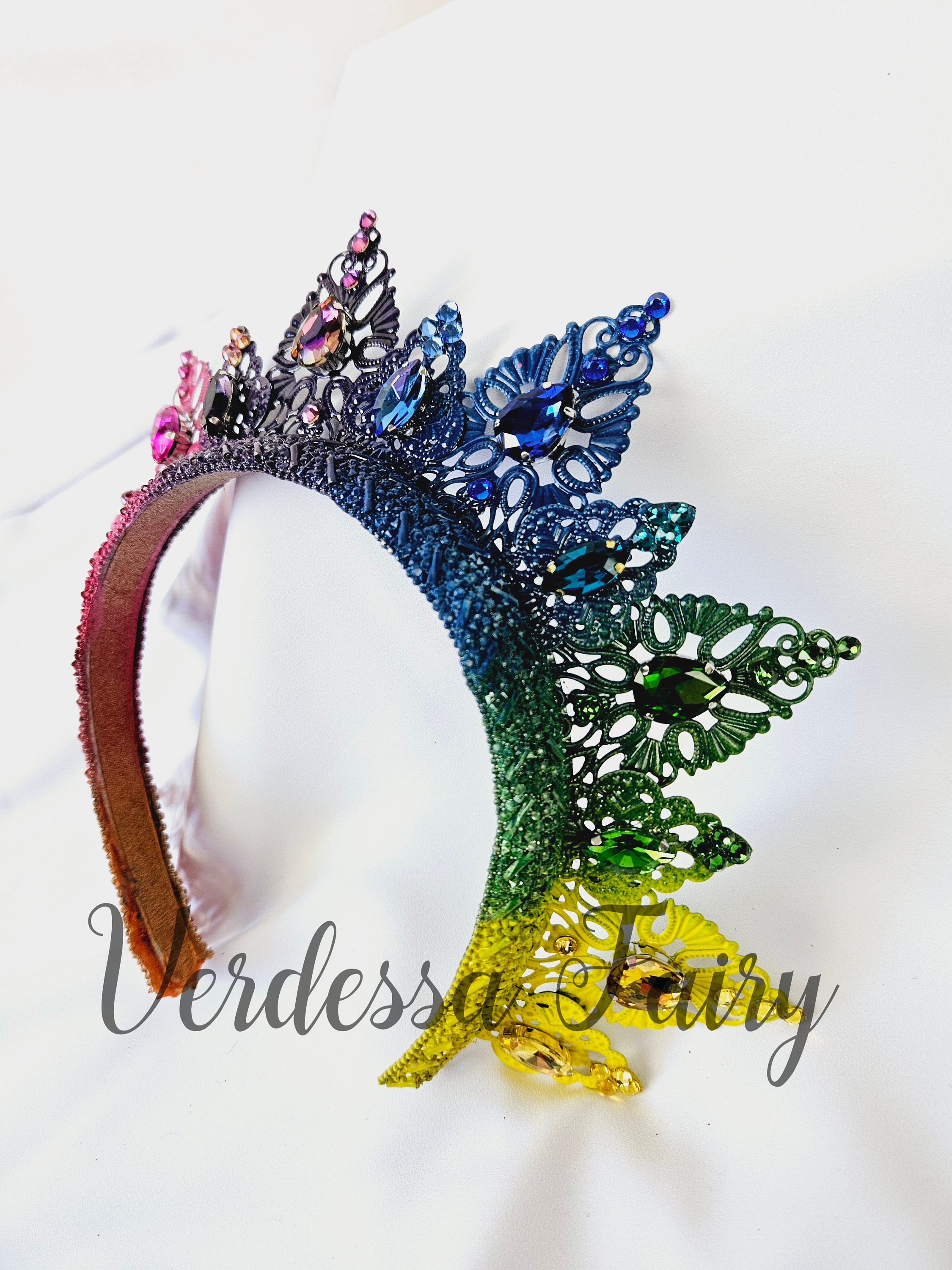 Bright Rainbow Crown Tiara. Metal Lace Filigree Crown