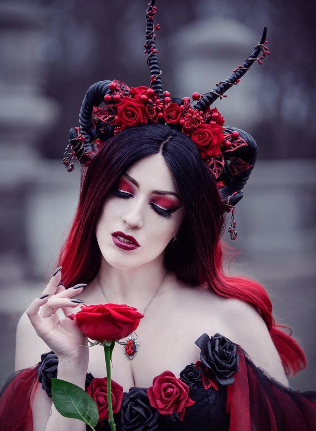 Double Horns Fantasy headdress. Ram horn headpiece with red roses. Black and red horned Goddess of Love headpiece.