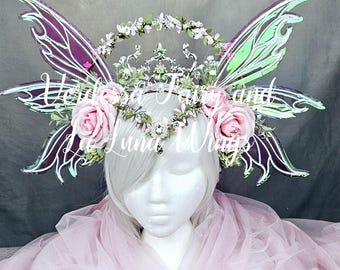 Spring Fairy Wings Headdress: Pink Rose Fairy Queen Crown.