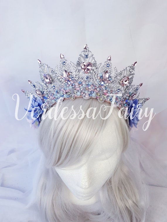 Fairy Princess Crown. Silver Crown Tiara With Pink and Blue