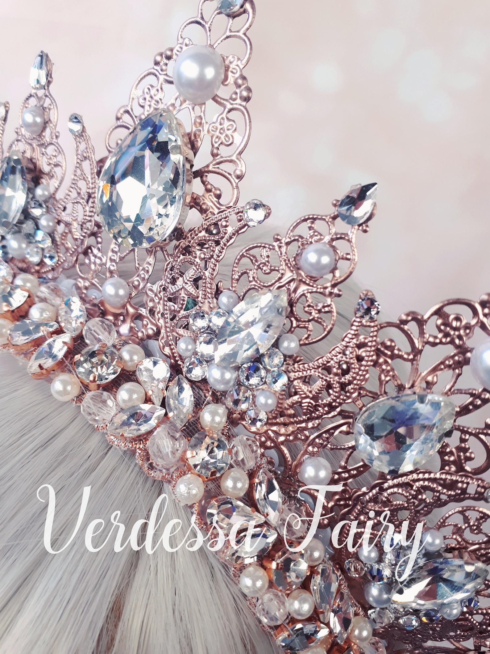 Pink Princess Rhinestone Rose Gold Princess or Queen Bridgerton Inspired Crown With Pearls and ...
