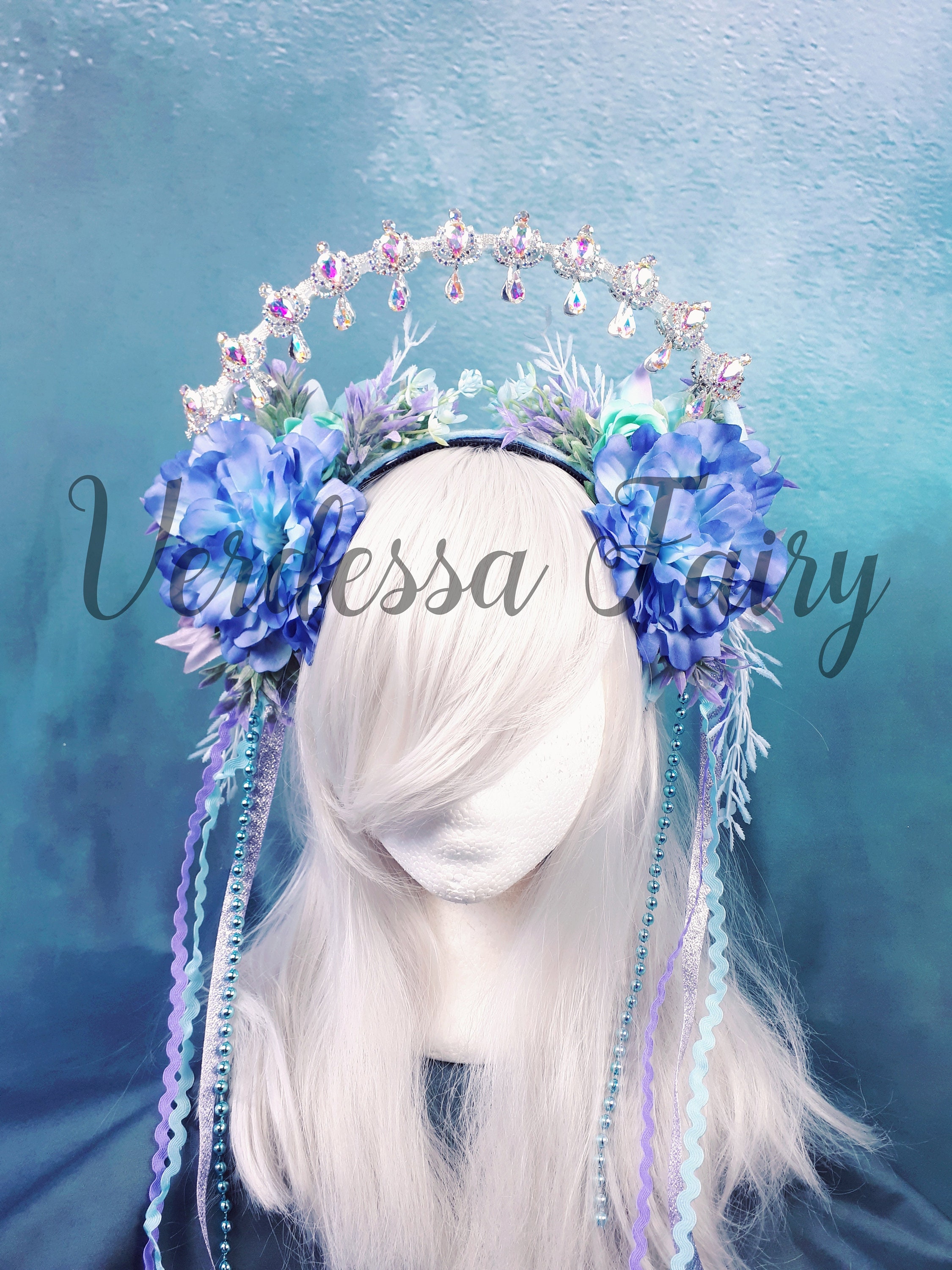 Fairy Headband with Lucite Flowers, Turquoise, Hematite and Glass Pearls Mother of pearl, opalite, and carved bone tiara main image 3
