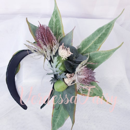 Australian flora headpiece. Gum nut and Eucalyptus shops fascinator. Australia Day headband. May Gibbs inspired headpiece.