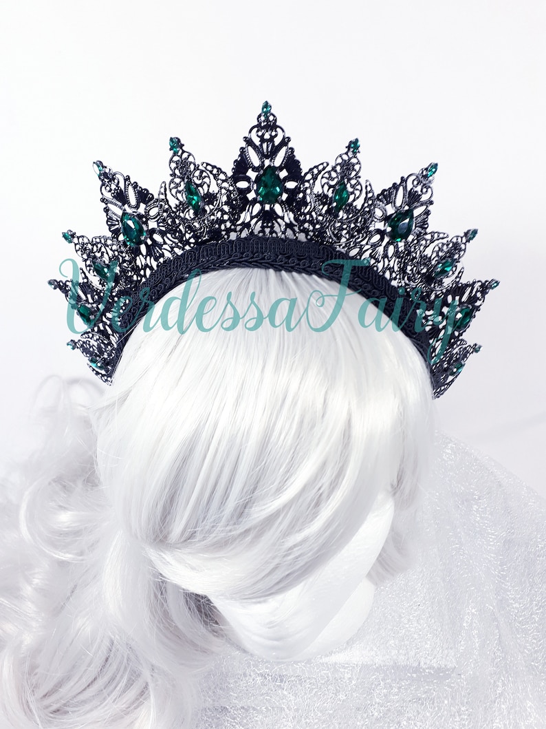 Metal lace filigree crown Jewel Queen Crown with emerald green rhinestones. Gothic Queen Halo Headpiece Black and green crown tiara