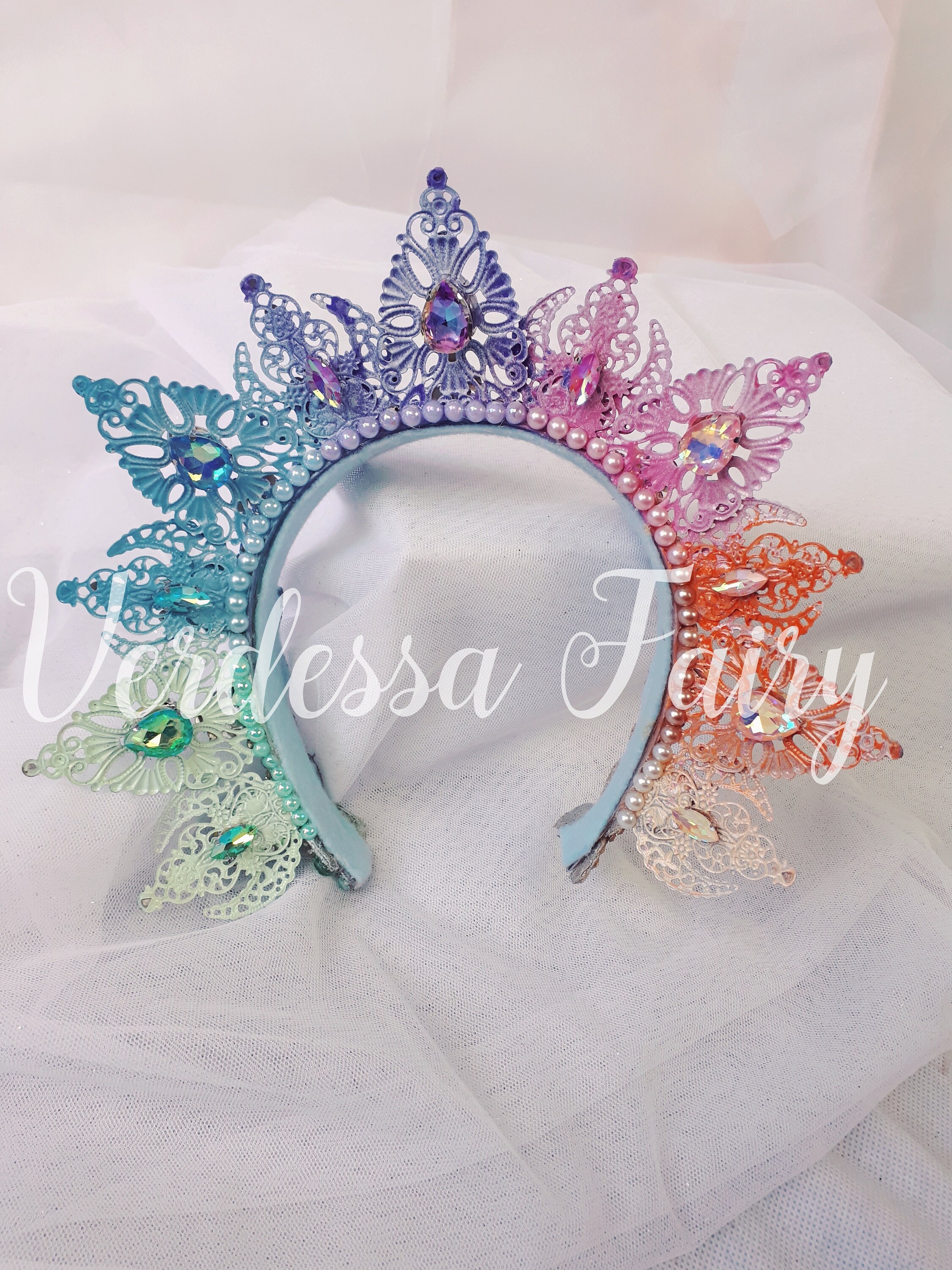 Pastel Rainbow Crown Tiara. Metal Lace Filigree Crown Pastel Rainbow Crown Tiara. Metal Lace Filigree Crown