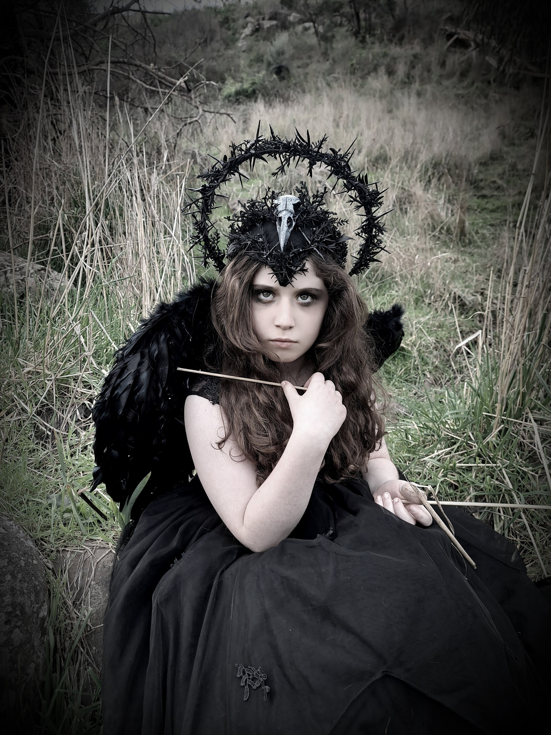 Gothic Black Thorns Halo Headpiece With Crow Skull. Forest Witch