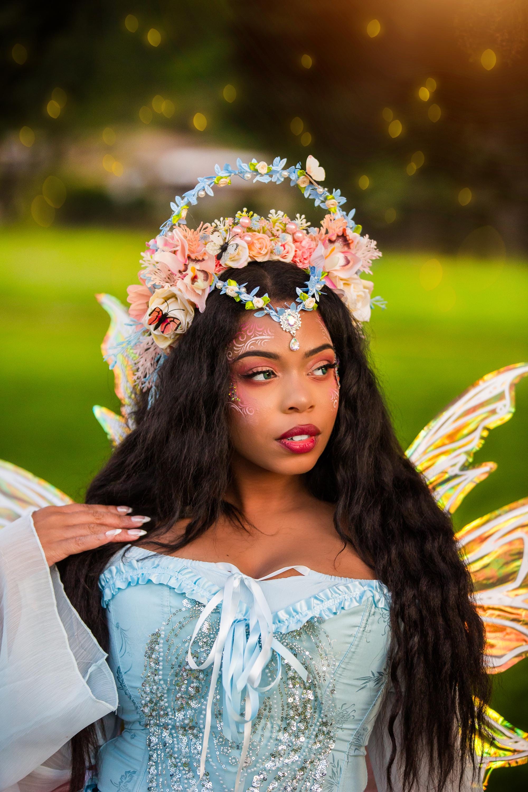 Fairy Flower Crown: Peach, Cream & Blue Garden Fairy Halo